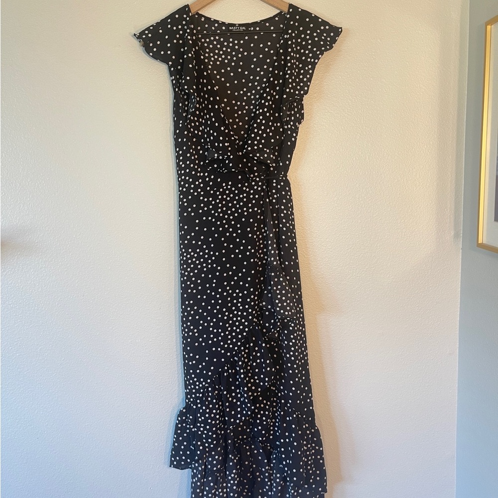 Nasty Gal Polka Dot High Low Midi Wrap Dress (Size M)